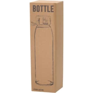 A drink bottle in a clear glass design, presented in a simple cardboard packaging with a natural finish.