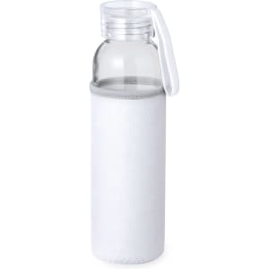 A drink bottle with a clear glass body and a white silicone sleeve, featuring a cap and a handle.