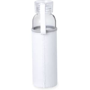 A drink bottle with a clear body and white fabric sleeve, featuring a handle for easy carrying.