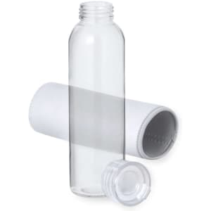A drink bottle in transparent plastic with a white sleeve and a clear cap. It features a simple design and branding.