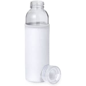A drink bottle featuring a clear body and white sleeve, with a matching screw-on lid beside it.