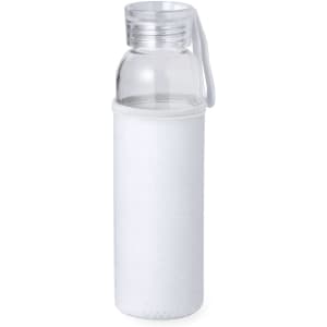 A drink bottle made of clear glass with a white cover and a carrying strap. It features a logo.