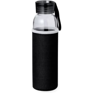 A drink bottle with a transparent glass body, black sleeve, and black lid, featuring a carrying strap.