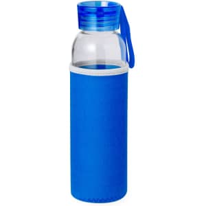A drink bottle with a clear body and a blue sleeve and lid, featuring a strap for easy carrying.