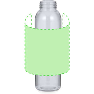 A drink bottle with a clear body and a light green sleeve. It has a logo on the surface.
