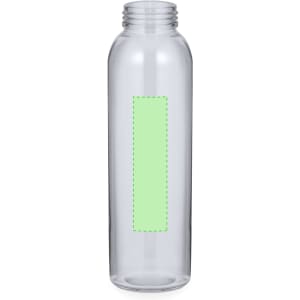 A drink bottle in clear plastic with a light green rectangular space and a screw-top lid. It features a logo.