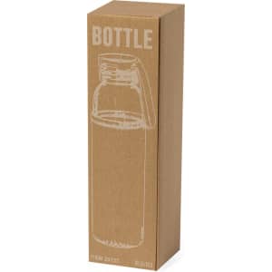 A drink bottle in a cardboard packaging, featuring a clear design and a flip-top cap. Includes a logo.