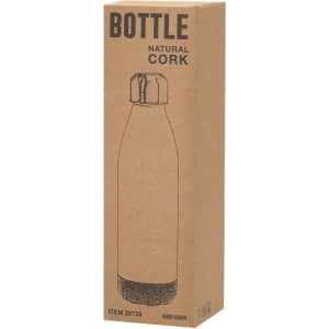 A drink bottle with a natural cork finish and a metallic lid, presented in eco-friendly packaging.