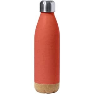 A drink bottle in vibrant red with a cork base and a stainless-steel top, featuring a logo.