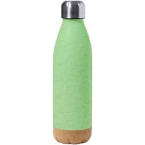 A drink bottle in a light green finish with a cork base and a metallic silver lid, featuring a logo.