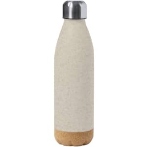 A drink bottle in a light beige colour with a cork base and a metallic silver lid, featuring a logo.