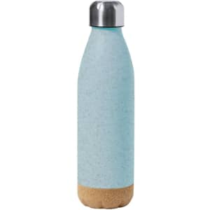 A drink bottle in light blue with a cork base and a silver metal lid, showcasing a sleek design and branding.