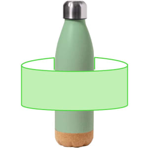 A green drink bottle with a cork base and a silver metal cap, featuring a logo.