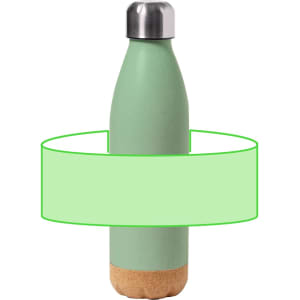 A drink bottle with a soft green finish and a cork bottom, featuring a silver metal cap and a logo.
