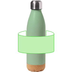 A drink bottle in mint green with a cork base and a metal cap, featuring a logo.