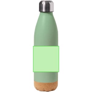 A drink bottle in a matte green finish with a cork base and a metallic silver cap, featuring a blank area for customisation.