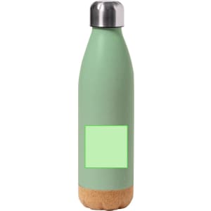 A drink bottle in a matte green finish with a cork base and a metallic silver cap. Features a branding area.