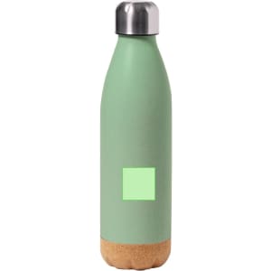 A drink bottle in mint green with a cork base and a silver metal lid, featuring a logo.