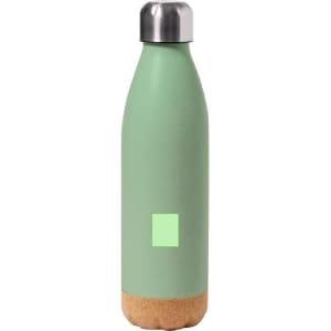A drink bottle in mint green with a cork base and a silver cap. Features a small logo on the surface.