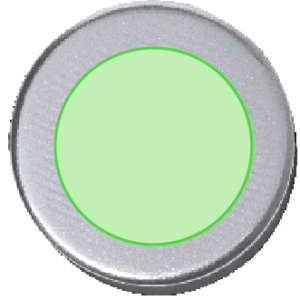 A drink bottle lid with a silver metallic finish and a green circular centre. It includes a logo.