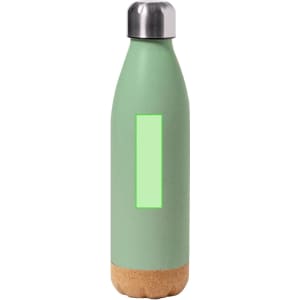 A drink bottle in green with a cork base and a metal lid, featuring a logo on the surface.