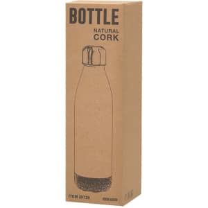A drink bottle made of natural cork, packaged in a simple cardboard box with a logo.
