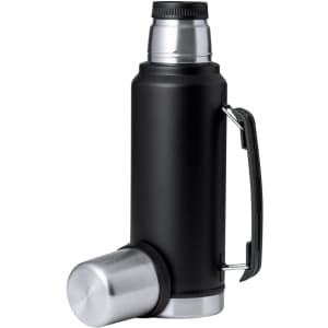 A drink bottle in black with a silver base and lid, featuring a handle and a built-in cup. It has a logo.