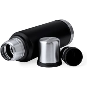 A drink bottle with a sleek black finish and stainless steel accents, featuring two detachable caps.