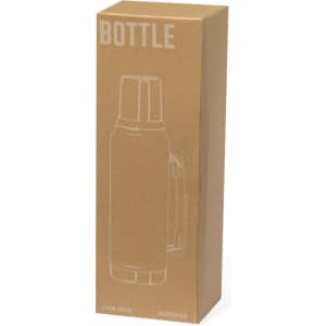 A drink bottle in a cardboard box with a handle, featuring a simple design outline. The bottle has a metallic finish.