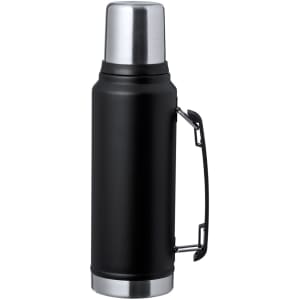 A drink bottle with a sleek black body and a silver top, featuring a handle and a logo.