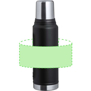 A drink bottle in matte black with a silver lid, featuring a logo and a smooth surface design.