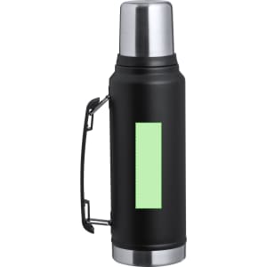 A drink bottle with a sleek black exterior and stainless steel top, featuring a branded section on the side.