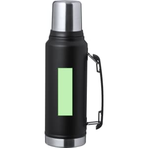 A drink bottle featuring a black body with a stainless steel lid and a handle, visible branding area included.