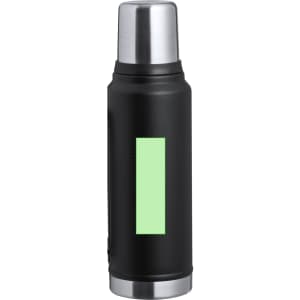 A drink bottle features a sleek black body with a silver cap and a green rectangular logo.