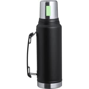 A drink bottle with a matte black body, metallic silver top, and a green accent. Features a handle and a logo.