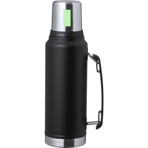 A drink bottle with a matte black finish and silver stainless steel top, featuring a handle and a logo.