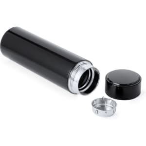 A drink bottle featuring a sleek black design, with a removable lid and inner cap. It has a logo on the body.
