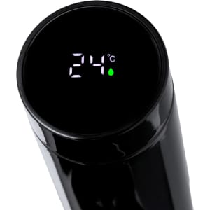 A drink bottle in a sleek black finish with a digital temperature display on the lid.