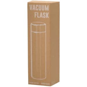 A drink bottle in a cardboard box, featuring a sleek black design with a white logo or branding.