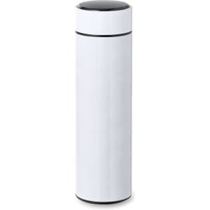 A drink bottle featuring a sleek, cylindrical design in white with a black lid, and a logo displayed.