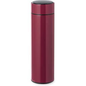 A drink bottle in a sleek, glossy red finish with a round, black lid and a logo on the surface.