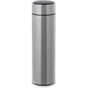 A drink bottle in a sleek metallic grey finish, featuring a rounded top and a logo. Ideal for keeping beverages hot or cold.