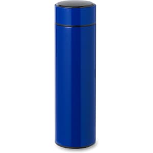 A drink bottle with a sleek design in vibrant blue, featuring a black lid and a logo.