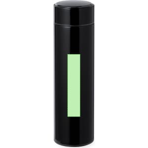 A drink bottle in sleek black with a green rectangular accent and a branding logo. Ideal for keeping beverages hot or cold.