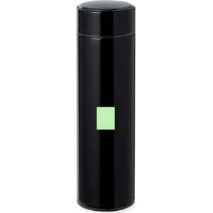 A drink bottle in sleek black with a minimalistic design and a small green logo. Ideal for keeping beverages hot or cold.