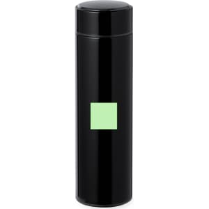 A drink bottle in sleek black with a green square logo, featuring a vacuum flask design for beverage storage.