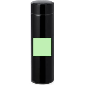A drink bottle in a sleek black design with a green label area for customisation. Features a logo on the side.