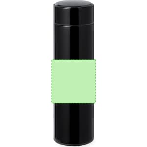 A drink bottle in sleek black design with a blank green label area and a lid. The bottle has a modern, cylindrical shape.