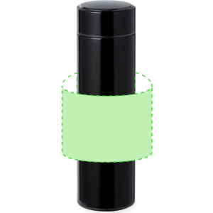 A drink bottle with a sleek black design, featuring a branding logo and a green label area.