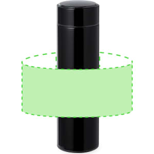A drink bottle in sleek black with a round cap, featuring a branding logo on the body.